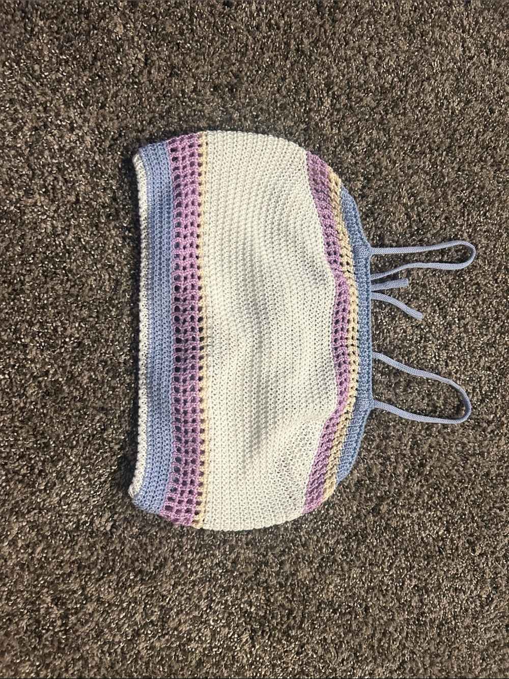 SHEIN White Crochet Crop Top with Pastel Purple & Blue Stripes